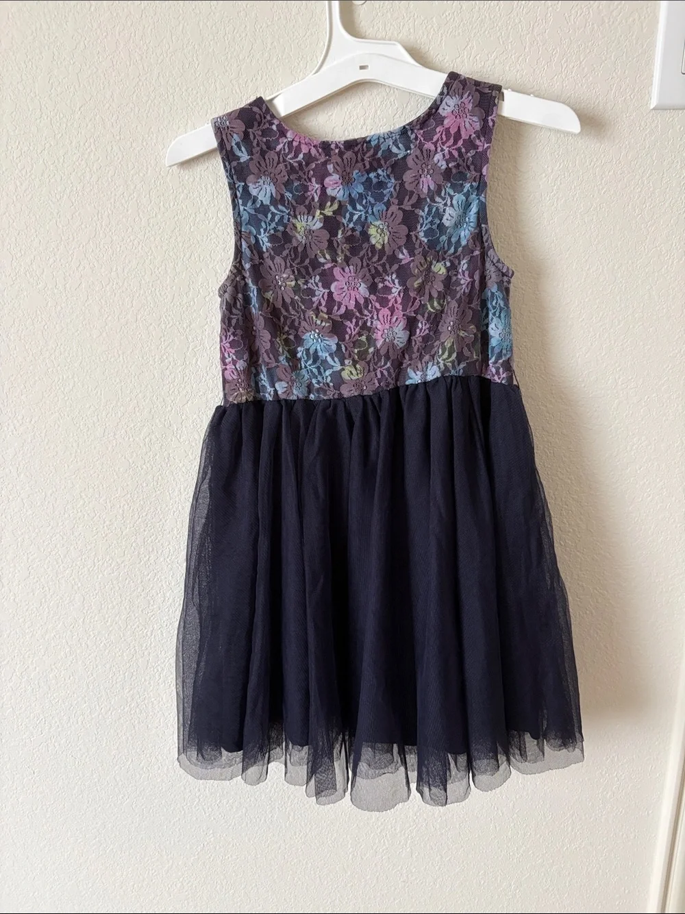 The Children's Place Navy Tulle Dress with Multicolor Floral Lace Bodice